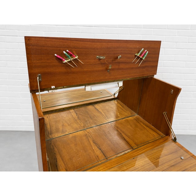 Mid Century Modern Teak Bar Cabinet | Mirrored Home Bar With Drop-Down Serving Surface, C. 1960’s For Sale - Image 11 of 14