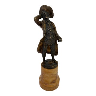 Antique Continental Bronze Figure of an 18th-Century Gentleman, Shielding Eyes, on Marble Plinth — Austrian School, Circa 1900 For Sale