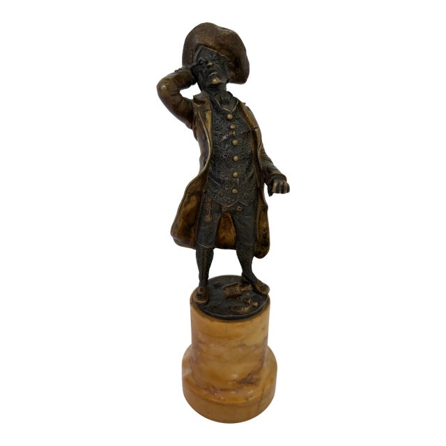 Antique Continental Bronze Figure of an 18th-Century Gentleman, Shielding Eyes, on Marble Plinth — Austrian School, Circa 1900 For Sale