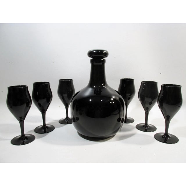 1970s Midcentury All Black Glass Wine Decanter & Goblets Set- 7 Pieces For Sale - Image 9 of 9