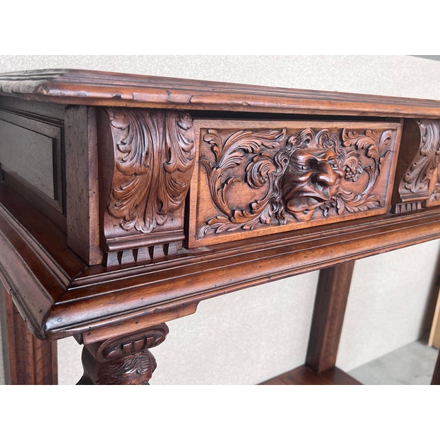 Wood 19th Century Console Carved Table Renaissance with Beige Marble Top For Sale - Image 7 of 18