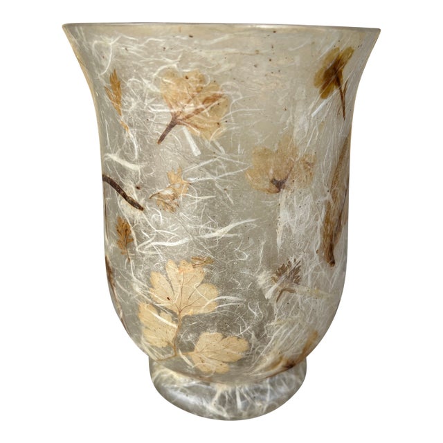 Vintage Glass Vase With Overlay Dried Flowers Signed For Sale