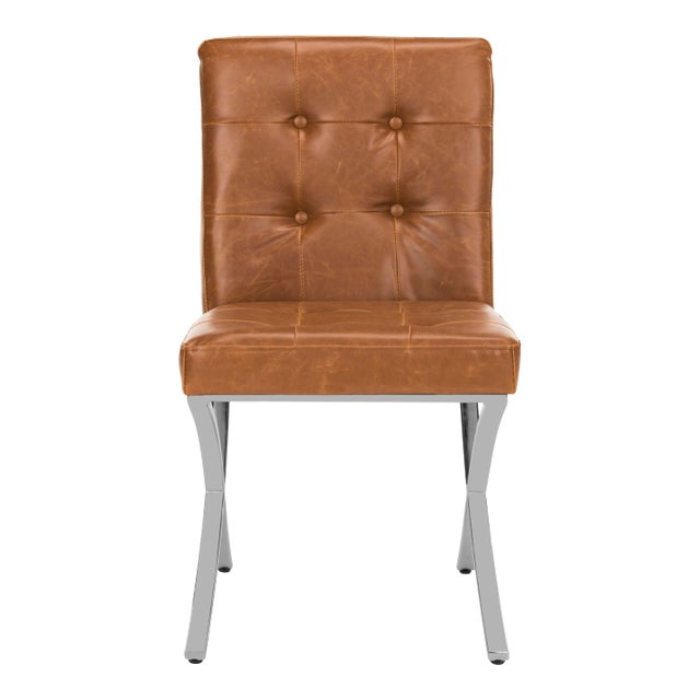 Tufted Side Chair in Light Brown & Chrome For Sale