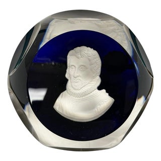 Late 20th Century Cristal d'Albret France Christopher Columbus Sulphide Paperweight Faceted Blue For Sale