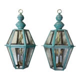 Exquisite Pair of Vintage Solid Copper & Brass Verdigris Lanterns For Sale