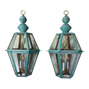 Exquisite Pair of Vintage Solid Copper & Brass Verdigris Lanterns
