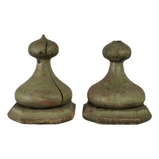 Pair of 19th C. Architectural Salvaged Large Onion Shaped Wood Finials, Painted Green For Sale