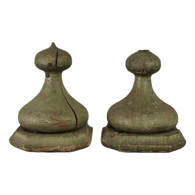 Pair of 19th C. Architectural Salvaged Large Onion Shaped Wood Finials, Painted Green For Sale