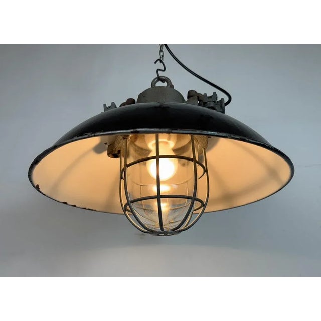 Industrial Black Enamel and Cast Iron Cage Pendant Light, 1960s For Sale - Image 18 of 18