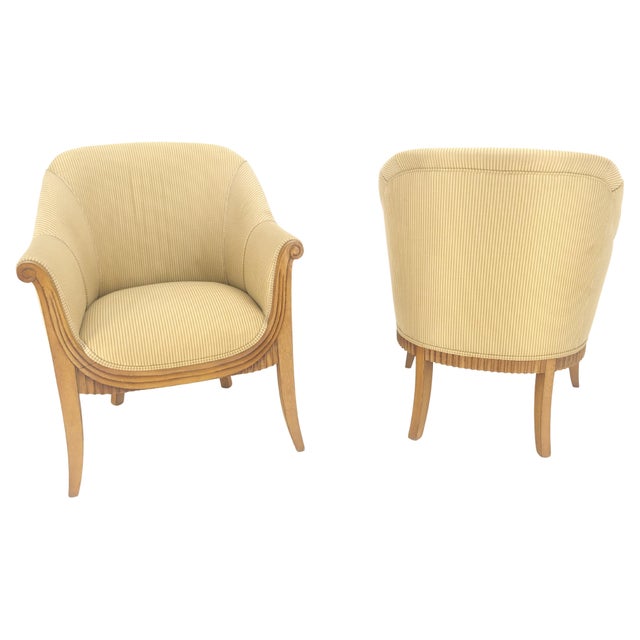 c.1940s Pair Leon Jallot Atr. Carved Scallop Edge Bergere Arm Lounge Chairs MINT