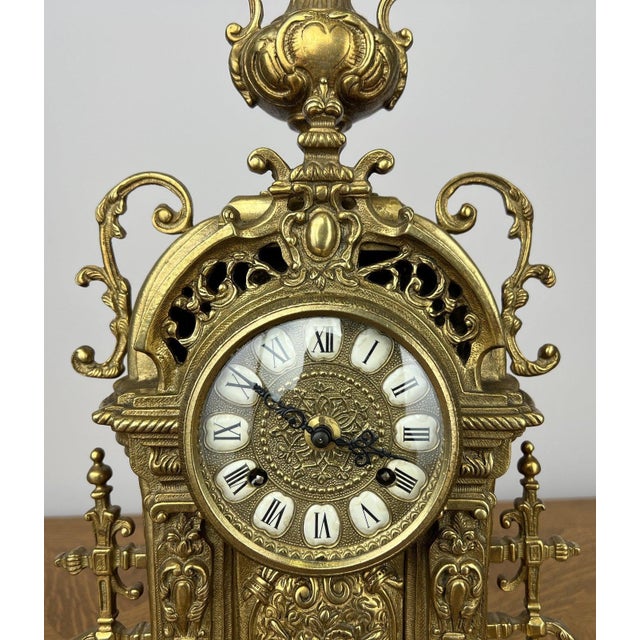 Gold Vintage Style Brass Ornate Mantel Clock For Sale - Image 8 of 17