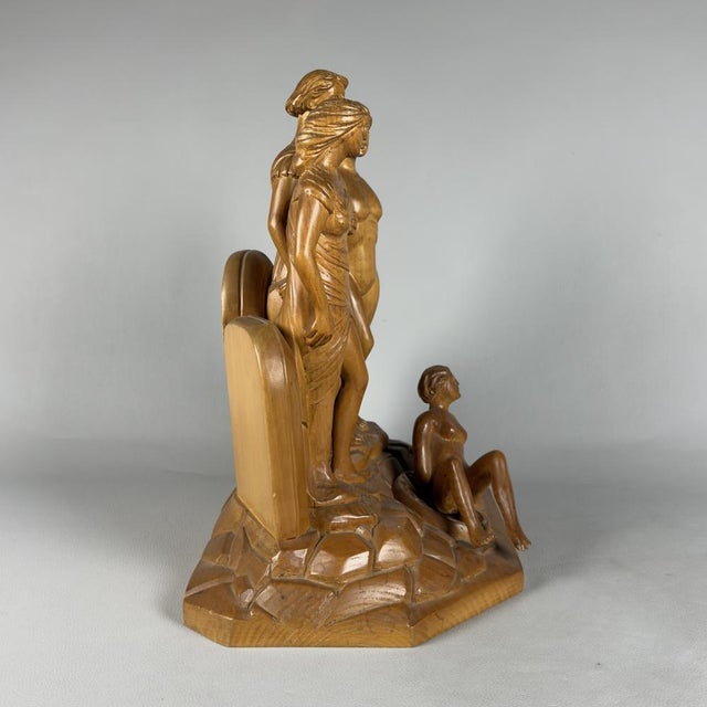 Art Deco Style Carved Wood Sculpture Group from Scurati, 1950s For Sale - Image 3 of 17