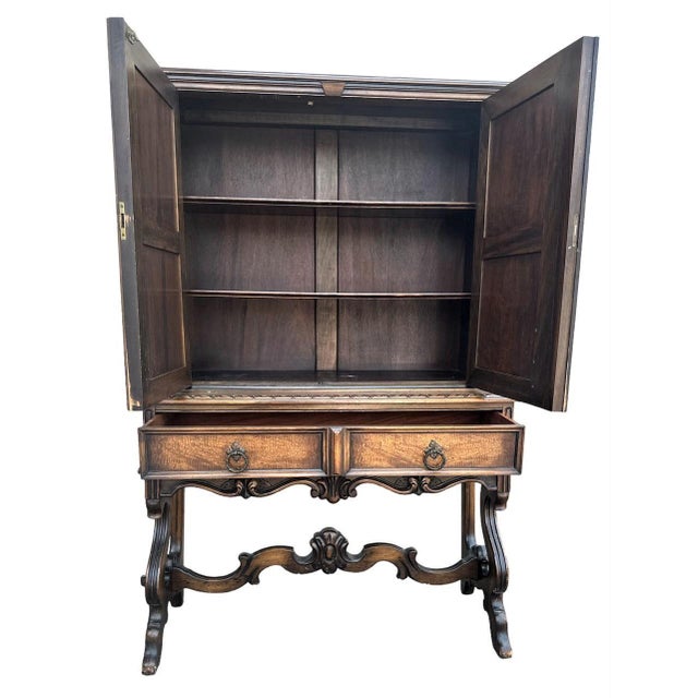 Spanish Revival Antique Berkey & Gay Grand Rapids 'Span-Umbrian' Walnut, Burlwood and Polychrome Cabinet - Circa 1917 For Sale - Image 3 of 12