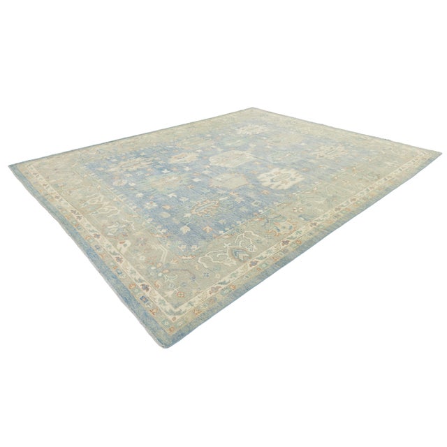 Modern Hand-Knotted Modern Oushak Wool Rug in Soft Sky Blue, Cream & Muted Teal For Sale - Image 3 of 11