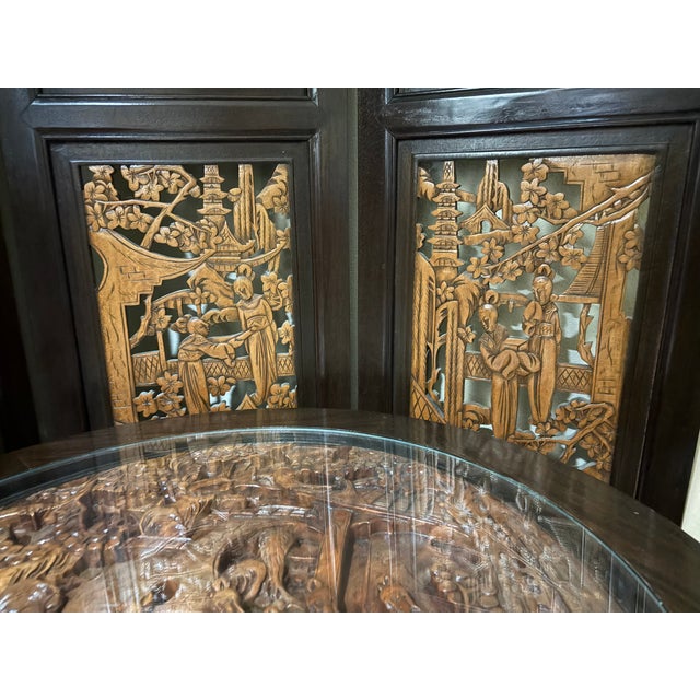 Brown Mid-20th Century Hand-Carved Chinese Low Tea Table Set With 4 Nesting Stools & Matching Folding Screen - 6 Pieces For Sale - Image 8 of 12