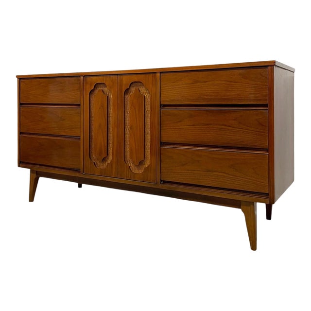 Vintage Mid Century Modern Walnut Toned Credenza With Cane Door Front and Dovetailed Drawers For Sale
