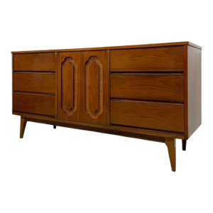 Vintage Mid Century Modern Walnut Toned Credenza With Cane Door Front and Dovetailed Drawers