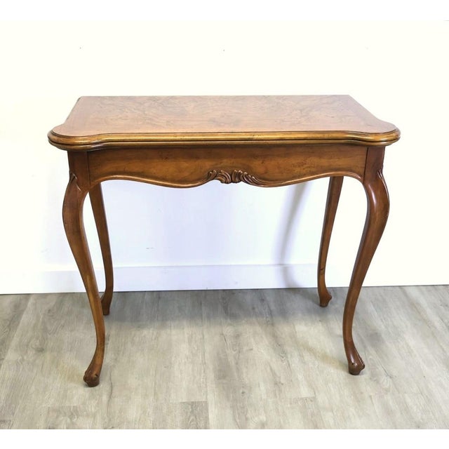 French Provincial Baker Milling Road Burl Walnut Flip-Top Game Table For Sale - Image 3 of 12