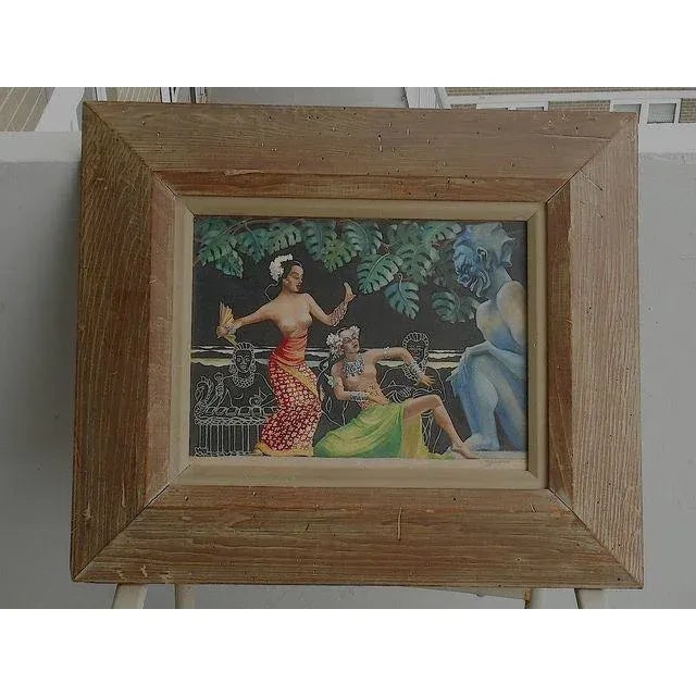 Watercolor and gouache by American artist Seaman (signed L.R.) depicting South Sea islanders dancing to their native deity...
