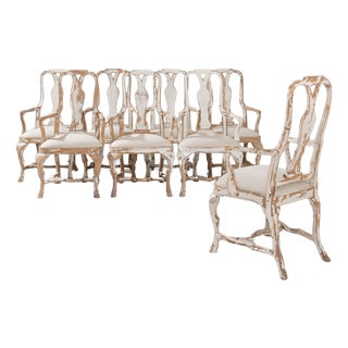 20th Century Swedish Rococo Revival Wood Patinated Dining Chairs - Set of 8 For Sale