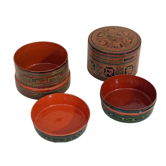 Asian Vintage Burmese Asian Lacquer Wood Hand Painted Betel Box 5" H For Sale - Image 3 of 11