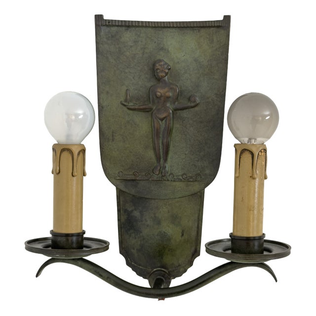 Swedish Grace Patinated Bronze Wall Sconce with Classical Female Relief, 1940 For Sale