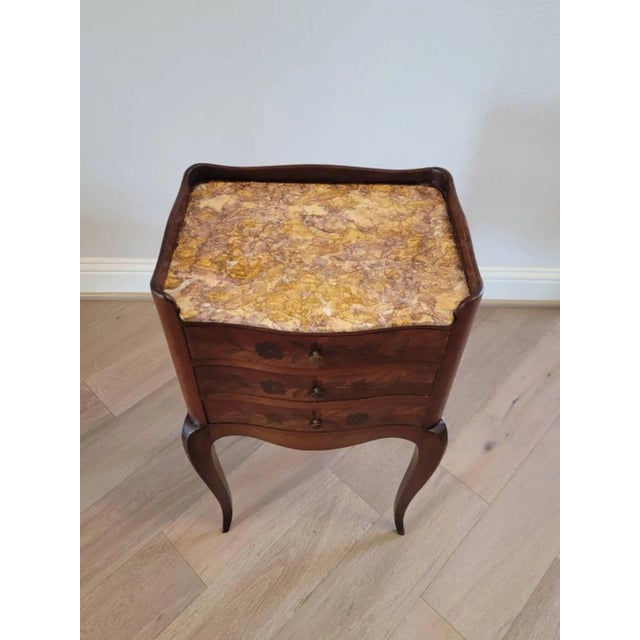19th Century 19th Century French Louis XV Style Marquetry Inlaid Marble Top Nightstand For Sale - Image 5 of 13