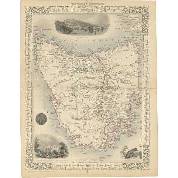 Map of Tasmania with Illustrations of Local Fauna and Colonial Landmarks, 1851 For Sale - Image 6 of 6