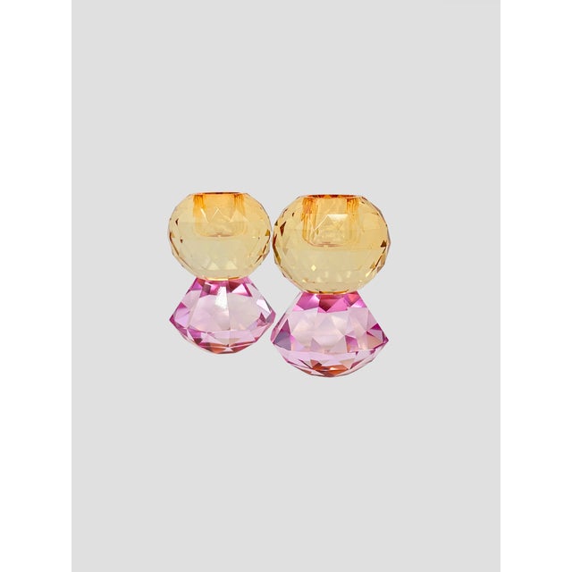 Mid-Century Modern Danish Pink & Orange Faceted Crystal Candle Holder Pair For Sale - Image 3 of 4