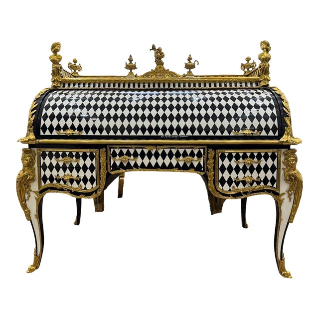 Unique Louis XV Style Harlequin Roll-Top Secretary Gilded French Baroque Writing Desk For Sale