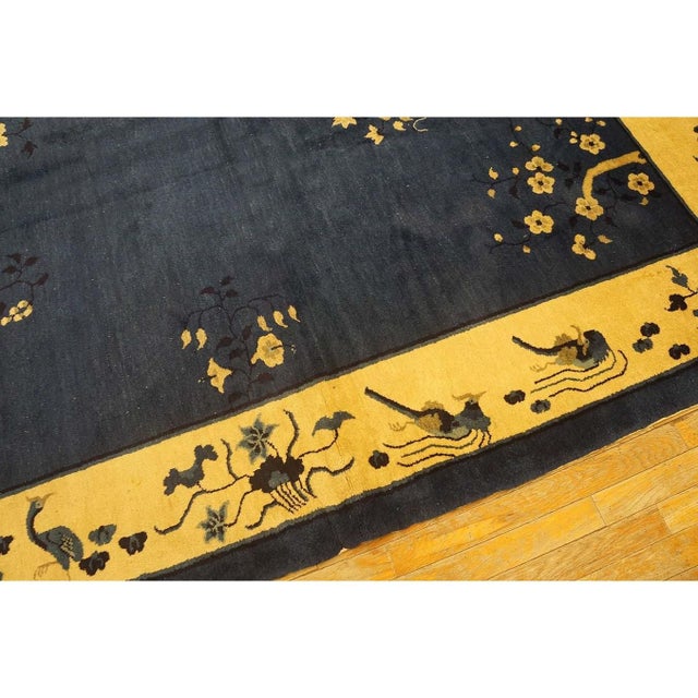 1930s Navy Blue Floral Deco Antique Chinese Peking Knotted Wool 9' X 11'4" Rug For Sale In New York - Image 6 of 10
