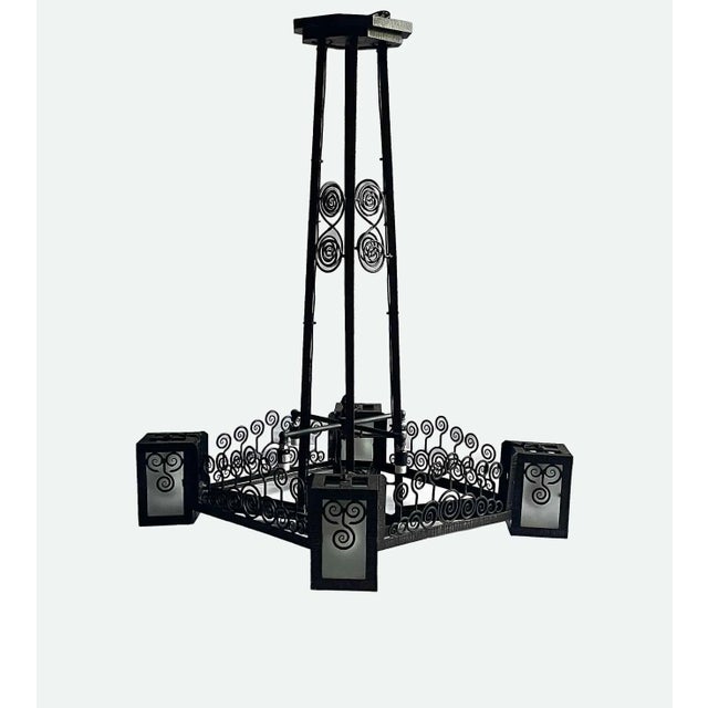Early 20th Century Antique Ceiling Pendant Light - French Art Deco Wrought Iron For Sale - Image 5 of 7