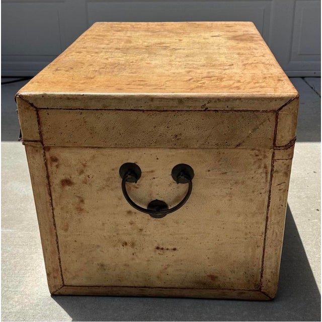 Wood Late 19th Century Chinese Vellum / Parchment Trunk With Original Red Pigskin Interior & Key For Sale - Image 7 of 18