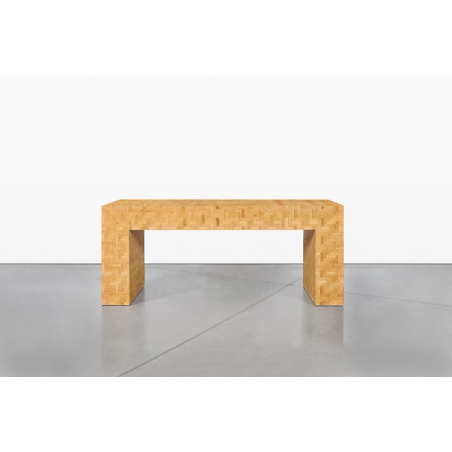 Mid-Century Modern Vintage Postmodern Bamboo Parquet Waterfall Console Table For Sale - Image 3 of 13