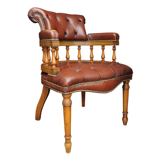 Victorian Style Brown Leather and Beech Desk Chair, 1960s For Sale