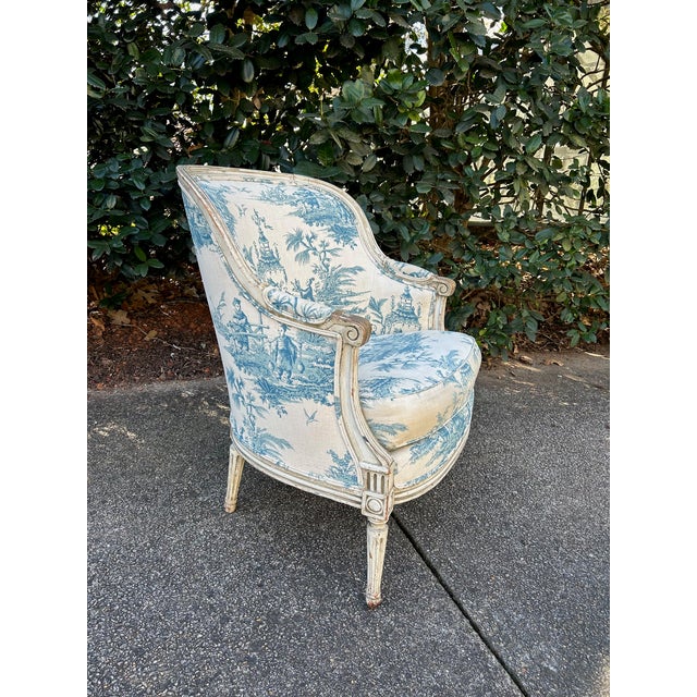 Wood 19th Century French Bergere Chair in Blue and White English Toile For Sale - Image 7 of 10