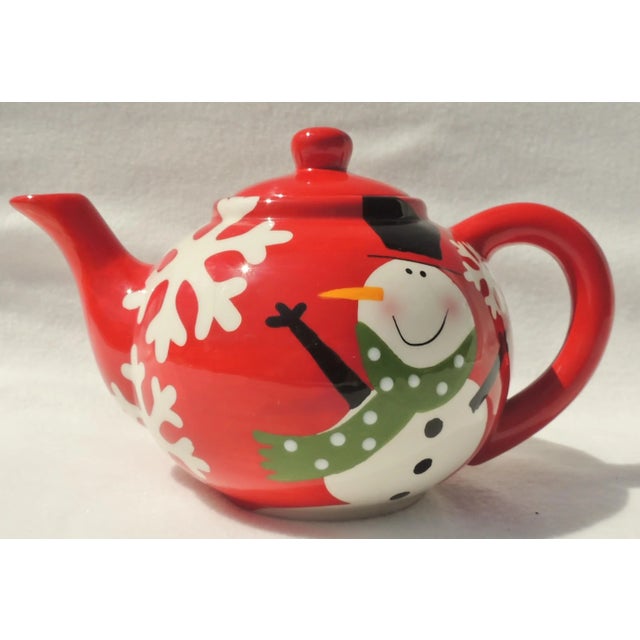 Wonderful vintage hand painted red and white porcelain figural snowman teapot. He is adorable with his green scarf and...