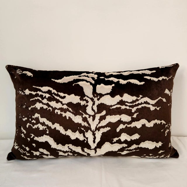 Stunning custom-tailored pillow in luxurious espresso velvet fabric in the style of Scalamandre's Le Tigre print. We used...