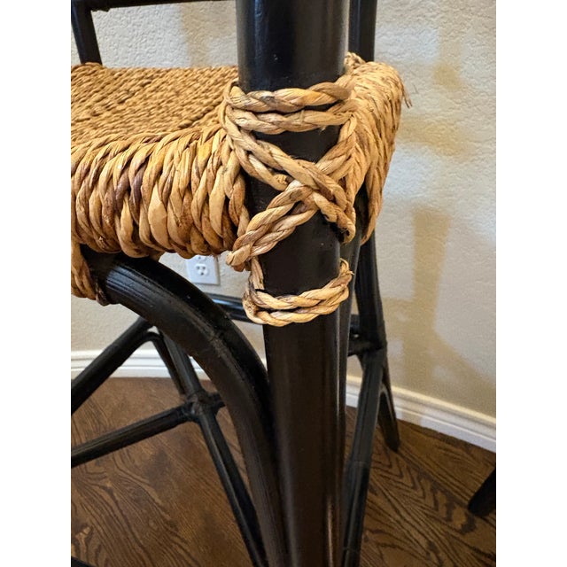 Pair of Hollywood Regency Chinoiserie Black Bamboo Arm Barstools For Sale - Image 10 of 12