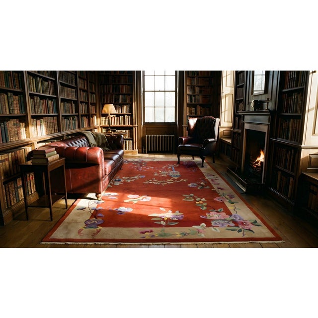 Grand Red-Raspebery Background in a Floral Desgin Antique Chinese Art Deco Rug For Sale In New York - Image 6 of 8