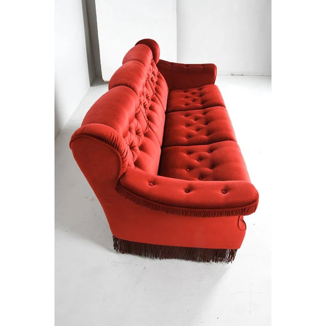 Wood 1960s Vintage Scandinavian Red Velour Three-Seat Sofa With Beech Feet For Sale - Image 7 of 10