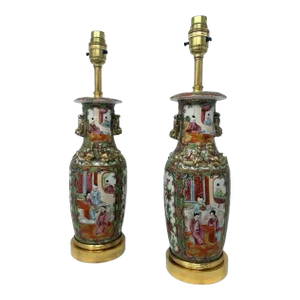 Antique Famille Rose Medallion Canton Cantonese Ormolu Chinese Table Lamps Pair