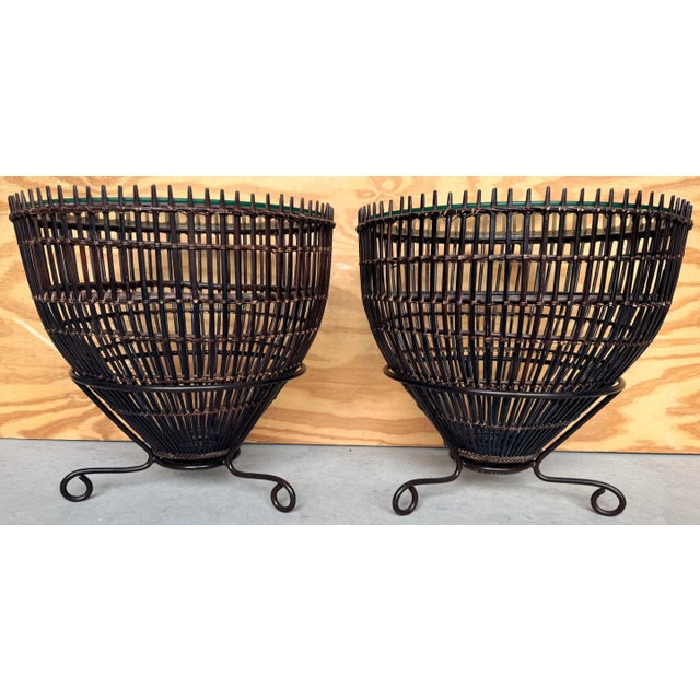 Mid-Century Franco Albini Style Rattan, Iron & Glass Fish Trap Side Tables - a Pair For Sale In West Palm - Image 6 of 12