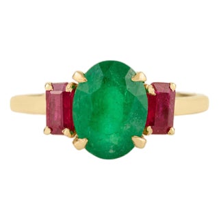 14k Solid Gold Emerald Ruby Past Present Future Ring Size 6.5 For Sale