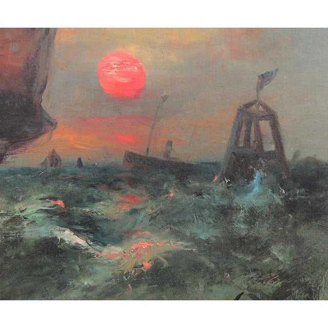 Twentieth Century Blue Toned Sunset Seascape of Boat in Wavy Seas Painting For Sale In Houston - Image 6 of 10