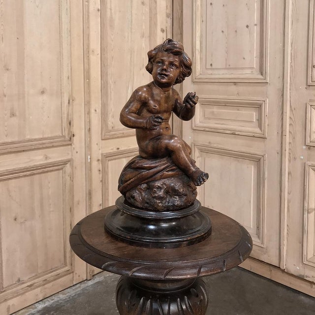 18th Century Hand Carved Wood Statue of a Young Boy For Sale - Image 4 of 11