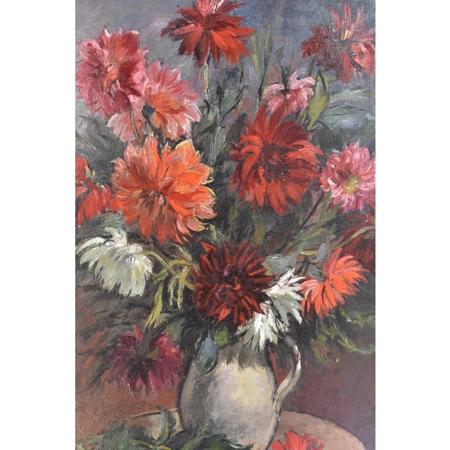 Flowers artwork, oil painting, floral vase painting which represents white and red Dahlias. It also has a golden frame...