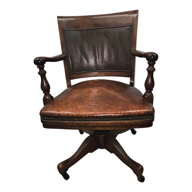1900s Sikes Furniture Walnut & Leather Upholstered Desk Chair For Sale