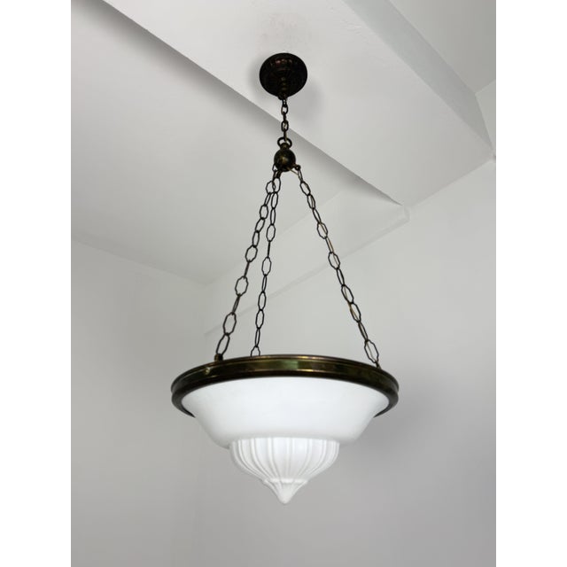 Mid-Century Modern Art Deco Pendant Lamp in Brass and Milk Glass, 1940s For Sale - Image 3 of 10