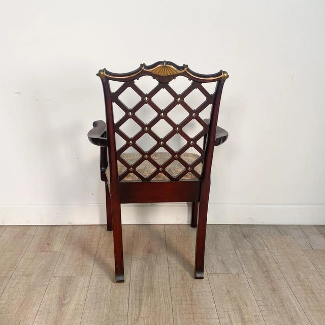 Pair of Matching Chinese Chippendale Armchairs With Blind Fretwork and Gilt Highlights For Sale - Image 9 of 10
